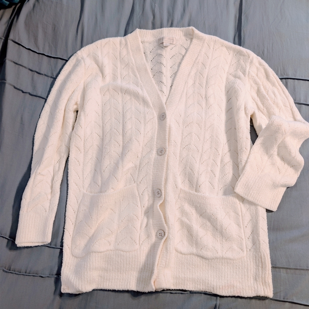 Barefoot Dreams Cozy Chic Lite Cream Ivory Pointelle Button Front Cardigan XS